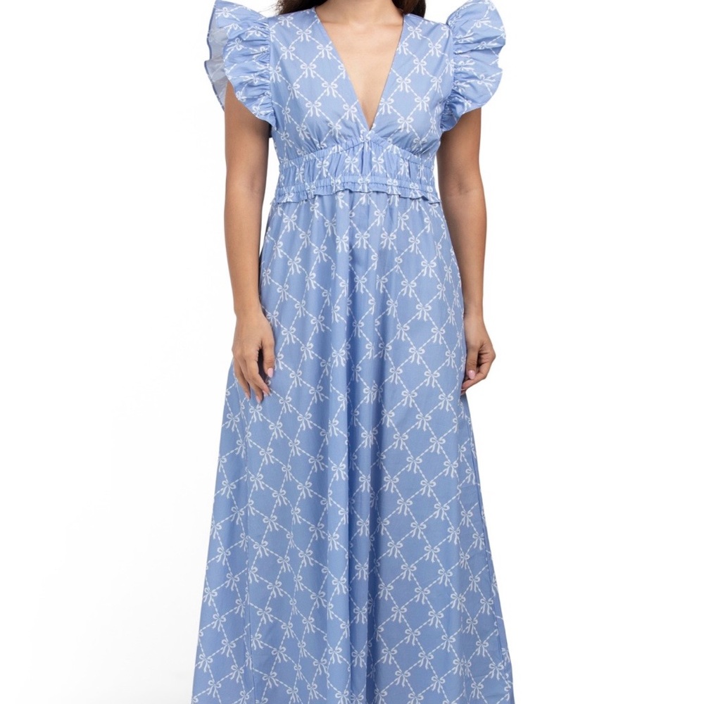 NWT Sail To Sable Flutter Sleeve Maxi Dress Blue/White Bow SP25T5